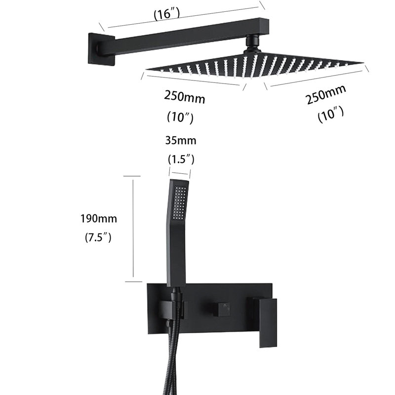 Wall Mounted Shower - Matte Black, 10 Inch Rain Head, Hand With 59" Hose, Adjustable Flow Rate, Brass Bathroom Black Finish, Easy Install, Water Flow, Ceramic Disc Valve, Residential Use