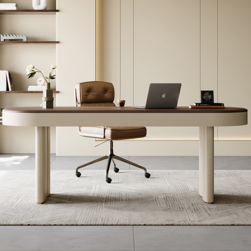 Bureau en bois manufacturé ovale brun noisette + blanc crème avec 3 tiroirs, H 29,53 po x l 70,87 po x P 27,56 po
