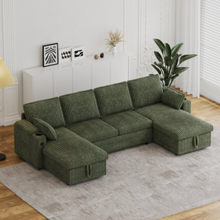 104''W U Shaped Corduroy Sectional Sofa With Storage Chaises And Pull Out Bed
