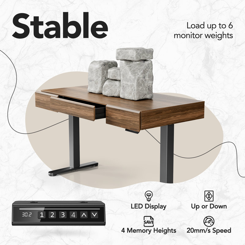 Home Office Height Adjustable Standing Desk With 3 Drawers, Walnut/Black