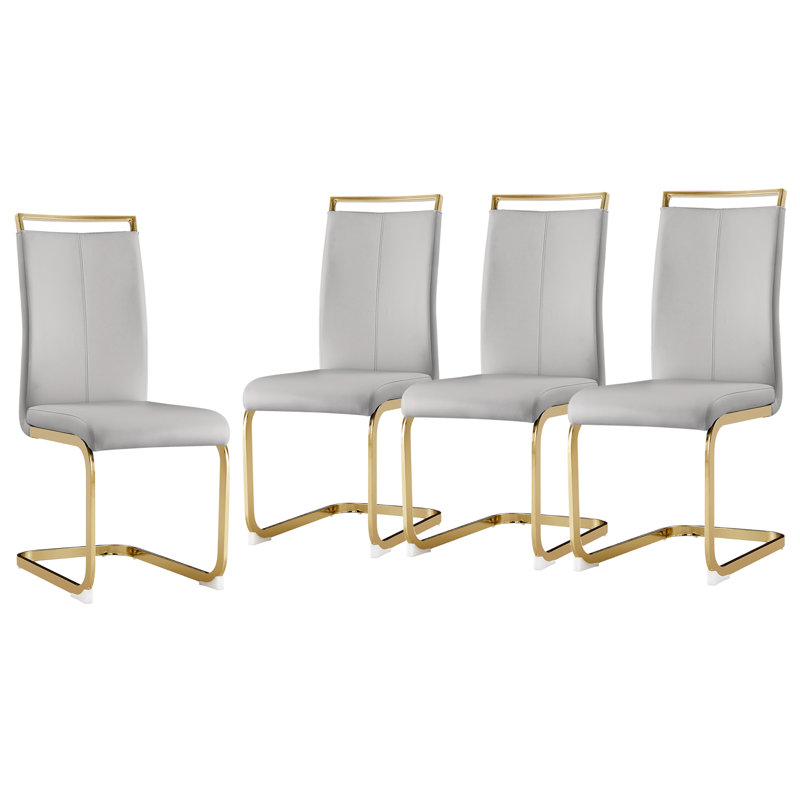 Modern Faux Leather Upholstered Dining Chairs Set of 4 with Gold Base and Handles, Light Gray