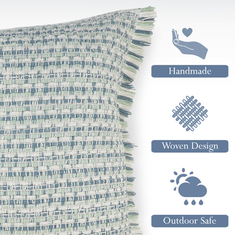 Alverta Coastal Striped Fringed Woven Outdoor Pillow, Polyester Fill