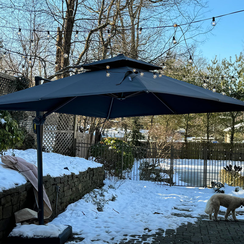 11' Square Cantilever Umbrella with Base and Soft 12 Colours Changing Light for Umbrella, Grey