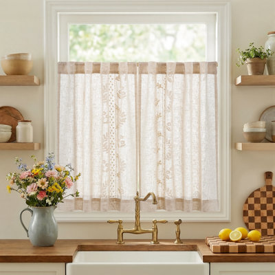 Linen Floral Embroidered Kitchen Curtains Farmhouse Cafe Curtains