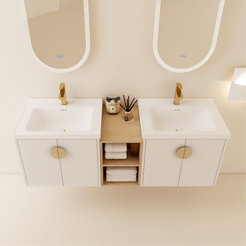 Meuble-lavabo mural 60 po. Couleur blanc brillant. Lavabo et petit rangement inclus. Bassin en céramique, fabrication en contreplaqué. 2 armoires et lavabos. Assemblage requis, montage moderne, blanc. Tablettes.