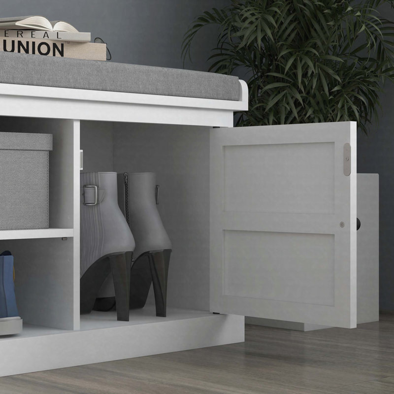 Banc de rangement pour chaussures avec siège à coussin et tablette réglable, blanc