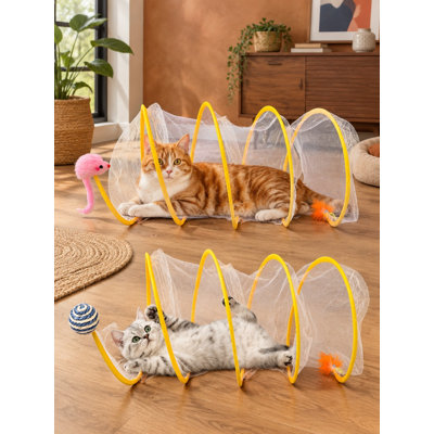 Le lot de 2 jaune offre de grands lits de tunnel pour chat à l'intérieur et à l'extérieur, conçus comme des tunnels à ressorts pliables avec une plume et une cloche pour un jeu interactif par les chats et les chatons.
