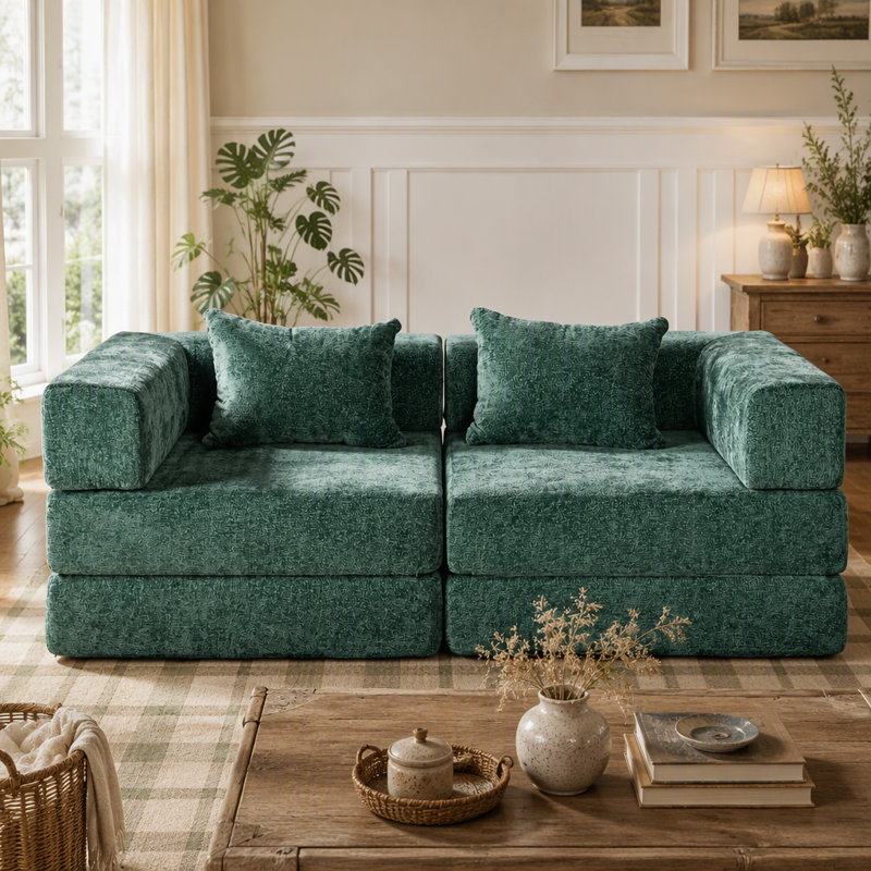 Canapé-lit convertible Compression, 78.74" W, Chenille vert foncé