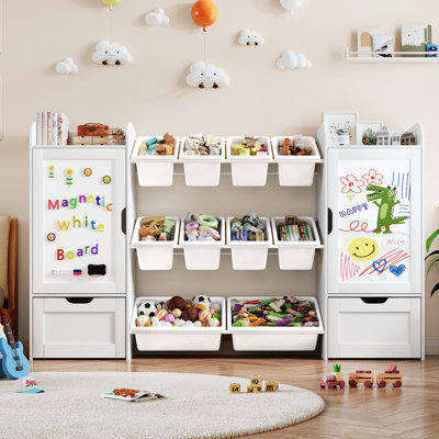  Rangement de jouets l 66,14 po avec 10 bacs en plastique, organisateur de jouets avec 2 tableaux blancs magnétiques, 2 tiroirs, 2 armoires pour chambre d'enfant, chambre à coucher, blanc