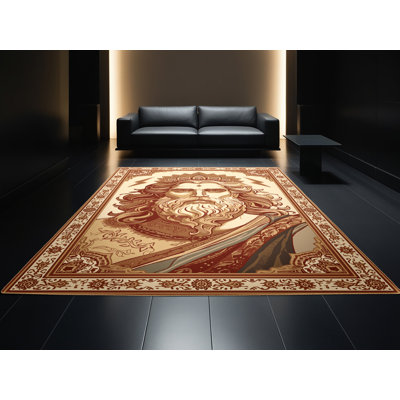 Tapis oriental classique Pittman Zeus lavable à la machine en brun - Reliure brun clair