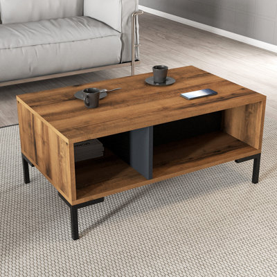 Élégante table basse à 2 niveaux avec pieds en métal, noyer et anthracite, 35,4 x 21,3 x 21,3 pouces | 100% panneau de particules enduit de mélamine, épaisseur: 0,7 pouce | Style bohémien et industriel, fixation murale avec nombreuses tablettes