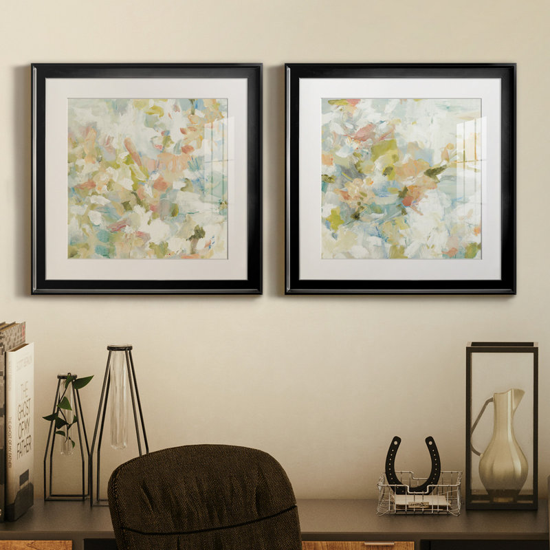 Floral Blush - ensemble de 2 reproductions d'art sur toiles, Impression encadrée avec passe-partout, Noir