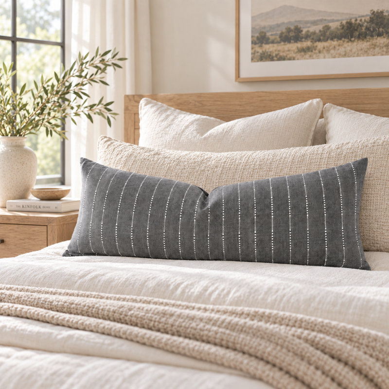 Housse de coussin lombaire en coton tissé à la main gris thaï, accessoire décoratif, Gris, Rectangle H 12 po x l 22 po