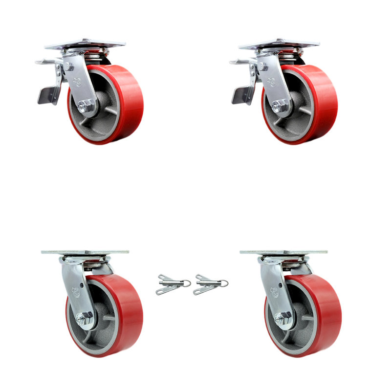 Ensemble de roulettes en acier 5 po avec roulement à rouleaux 2 freins 2 verrous pivotants, Rouge