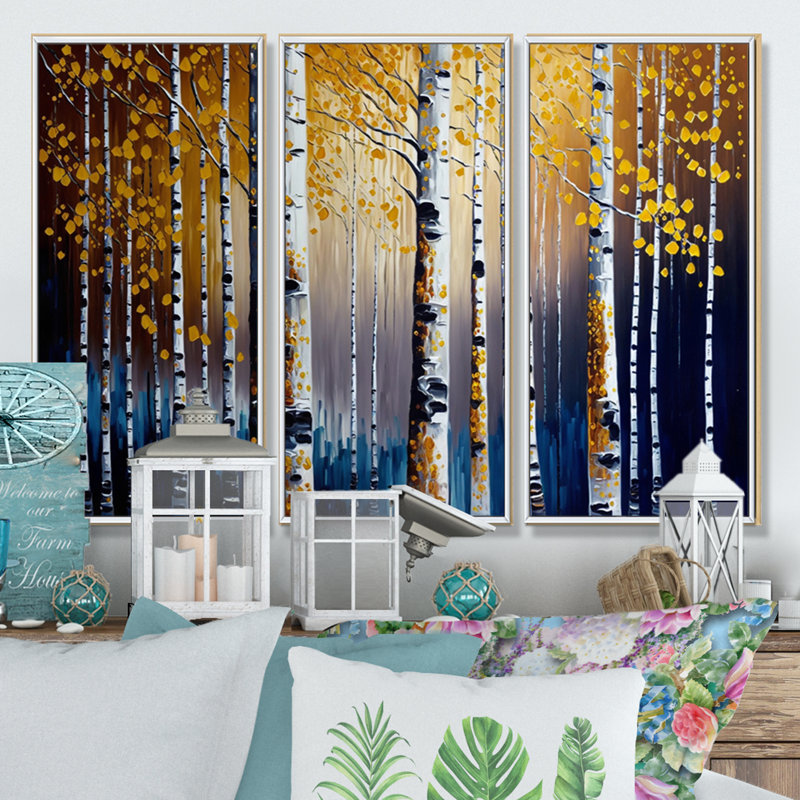Into A Golden Birch Forest VII - ensemble d'art mural sur toile paysage, H 28 po x l 36 po x P 1 po, Cadre blanc