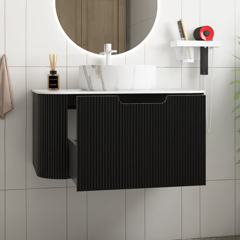 Meuble-lavabo mural avec plateau et tiroir, 30", Noir, Marbre