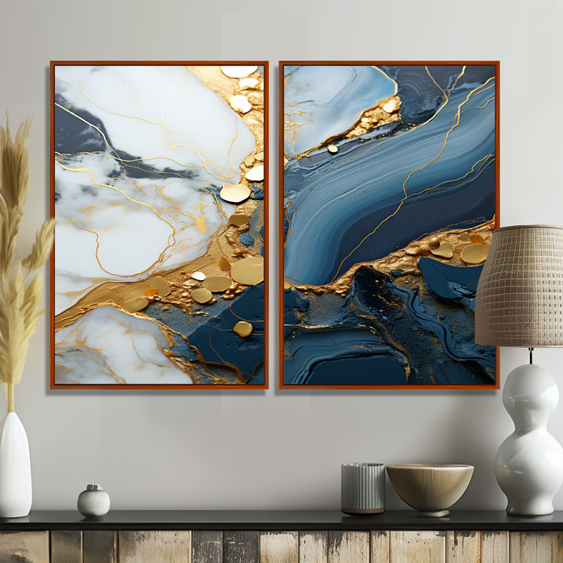 Géode dorée et bleue, art mural moderne orange, 36" H x 48" W, Impression encadrée flottante, Brown