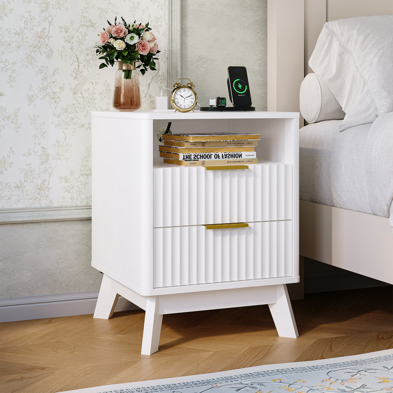 Modern Wave Fluted Wooden Nightstand, Bedside Table with Charging Station, 2 Drawers & Open Cubby, USB and AC Outlets for Bedroom
