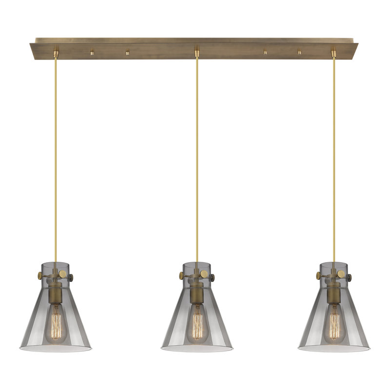 Luminaire suspendu 3 lumières Amrith, Laiton brossé, Gris fumée clair