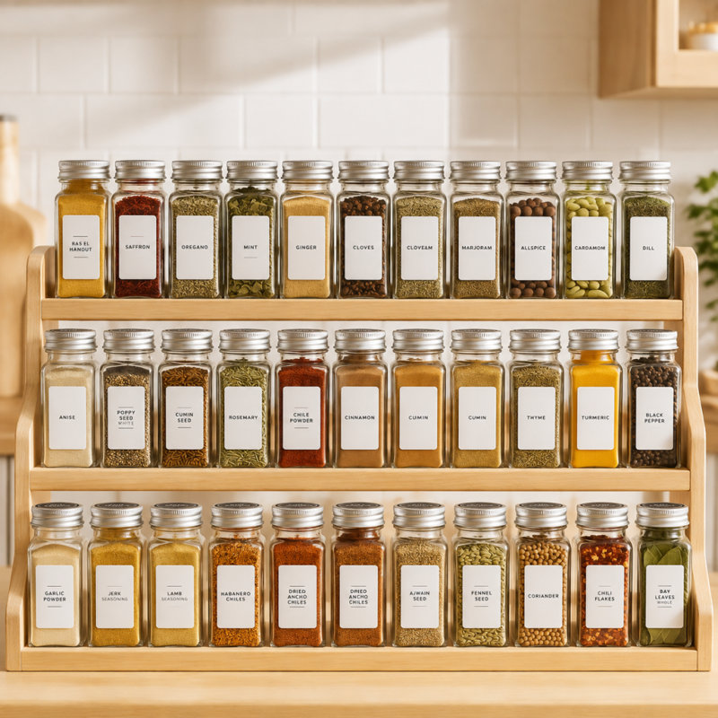24-Piece 4oz Empty Glass Spice Jars Set, Minimalist Farmhouse Spice Label Stickers with Funnel, Seasoning Containers for Spice Rack, Cabinet and Drawer