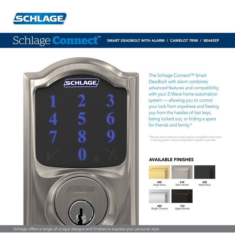 Schlage Connect Z-Wave Plus Smart Deadbolt with Camelot Trim, Aged Bronze, Yes
