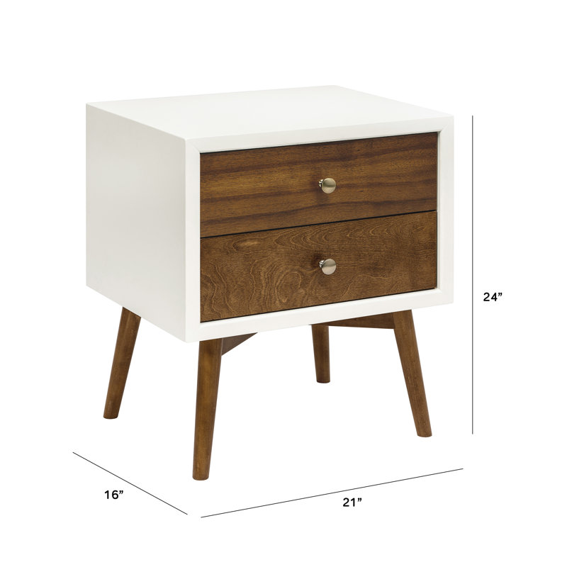 Palma Mid-Century Modern 2-Drawer Warm White/Walnut Nightstand with USB Port