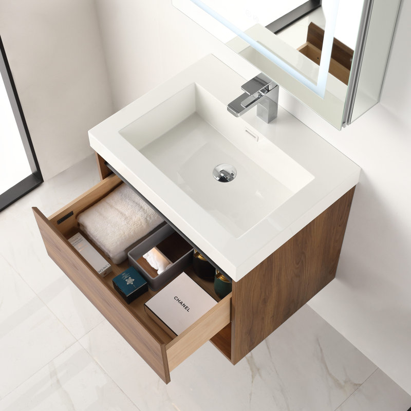 Meuble-lavabo flottant 24 po avec lumières DEL - Armoire murale en bois avec lavabo en acrylique, rangement à fermeture en douceur et lavabo intégré moderne
