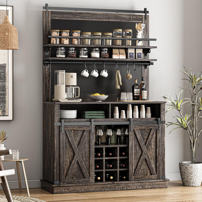 Bar Cabinet 75" Tall Coffee Hutch, Large Kitchens Farmhouse Coffee Bar Cabinet, Black