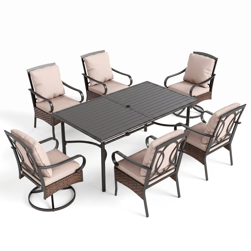 Sutiya 6 - Person Rectangular Outdoor Dining Set with 2 Swivel Chairs & Cushions