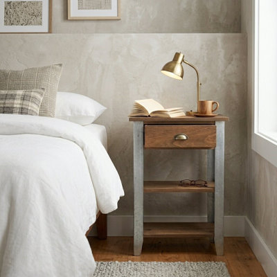 Temba Rustic Wood and Metal Side Table, 1 Drawer and 2 Shelves, Farmhouse Style with Steel Legs