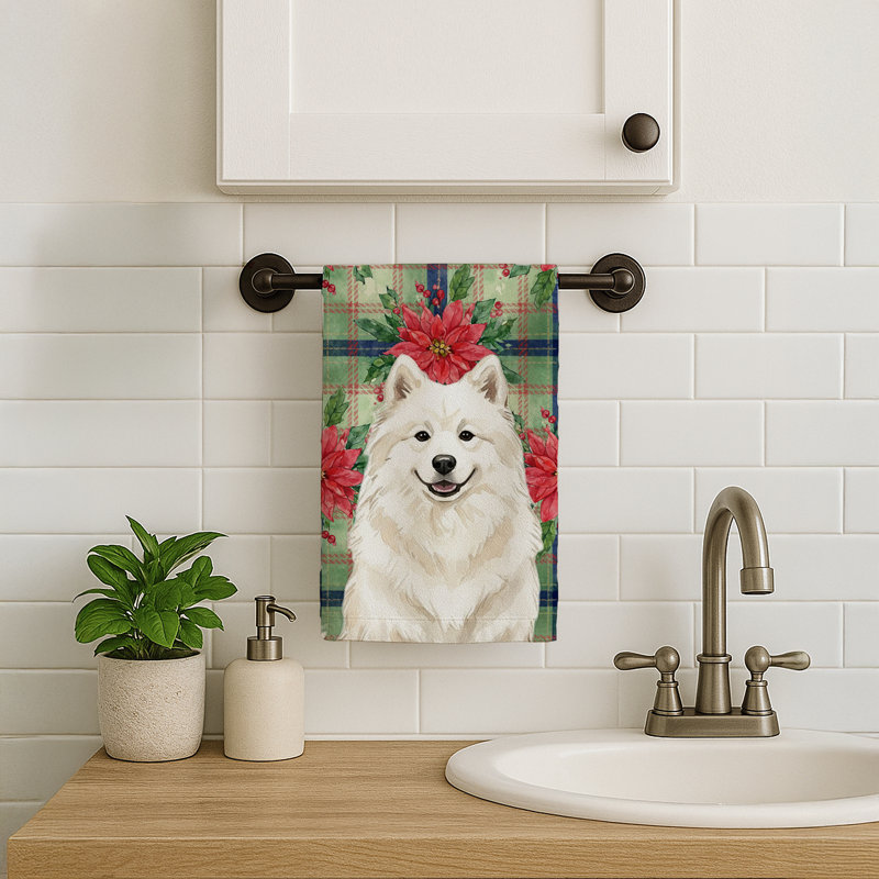 Cream Samoyed Christmas PoinsettIas Kitchen Towel, Cream Samoyed