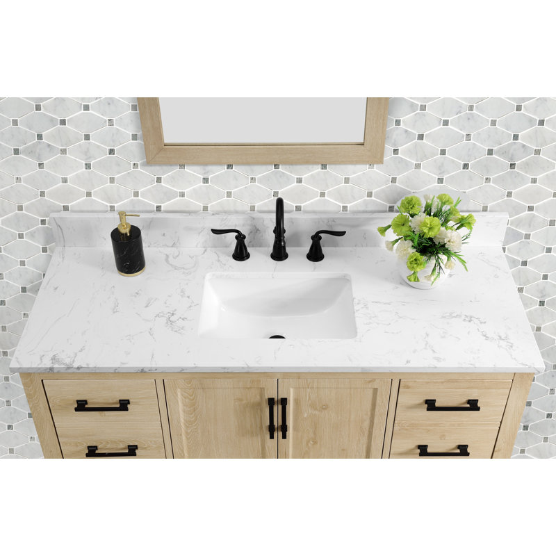 Meuble-lavabo simple 48 po avec comptoir en quartz de Carrare blanc, lavabo et dosseret Hardin, pré-assemblé