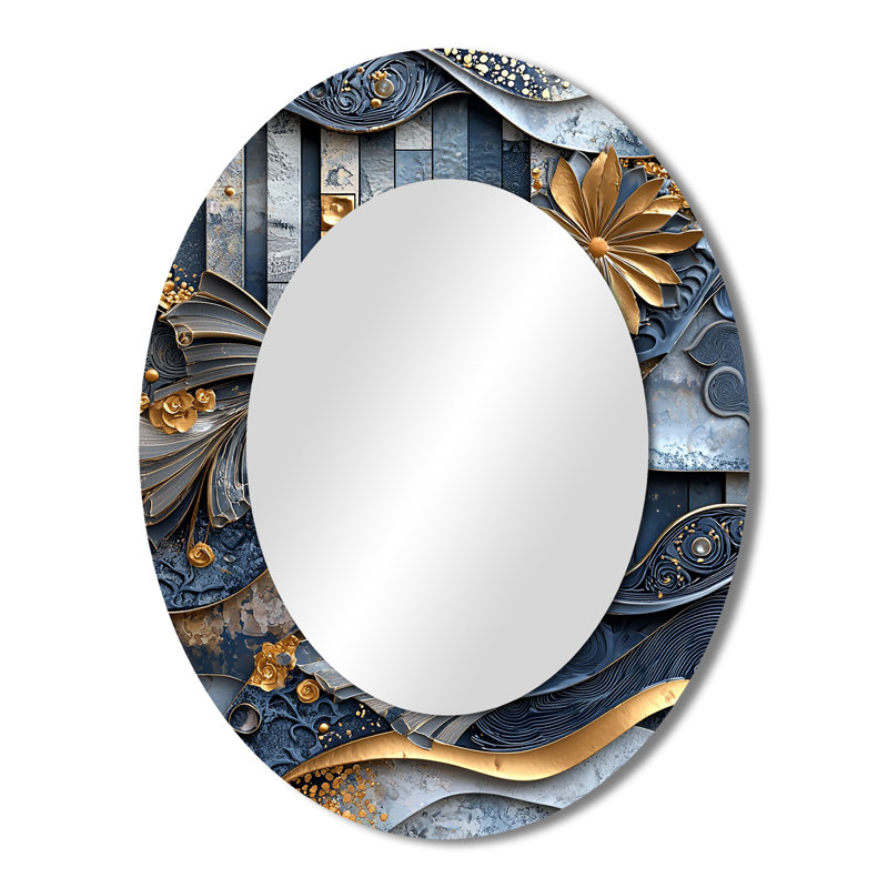 Carreaux abstraits bleus et gris côtiers III - Miroir décoratif ovale abstrait sur métal, 43 po x 33 po