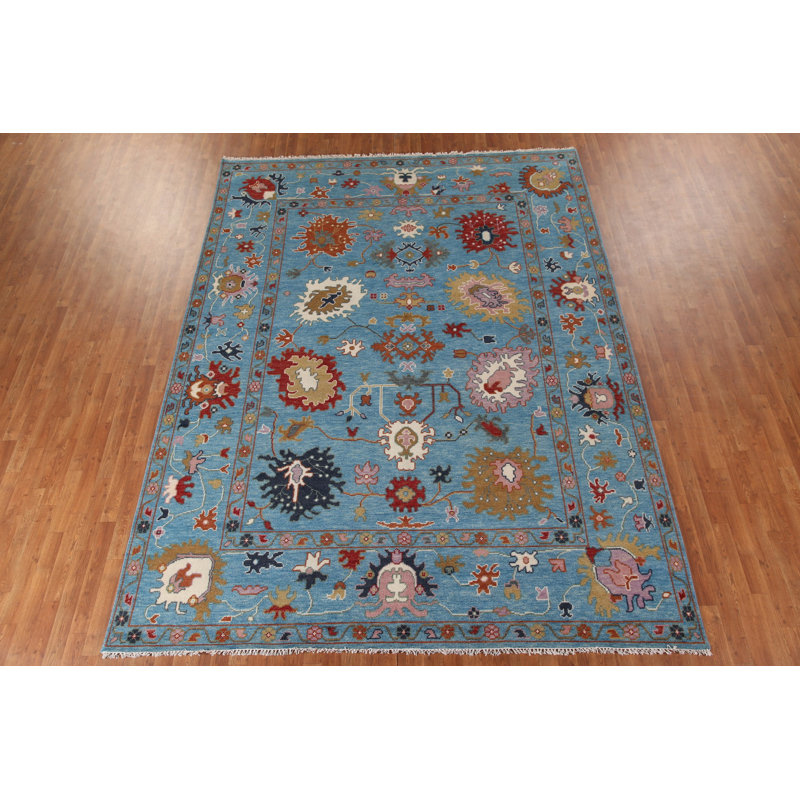 Tapis oriental bleu à motif floral Oushak 9 x 12