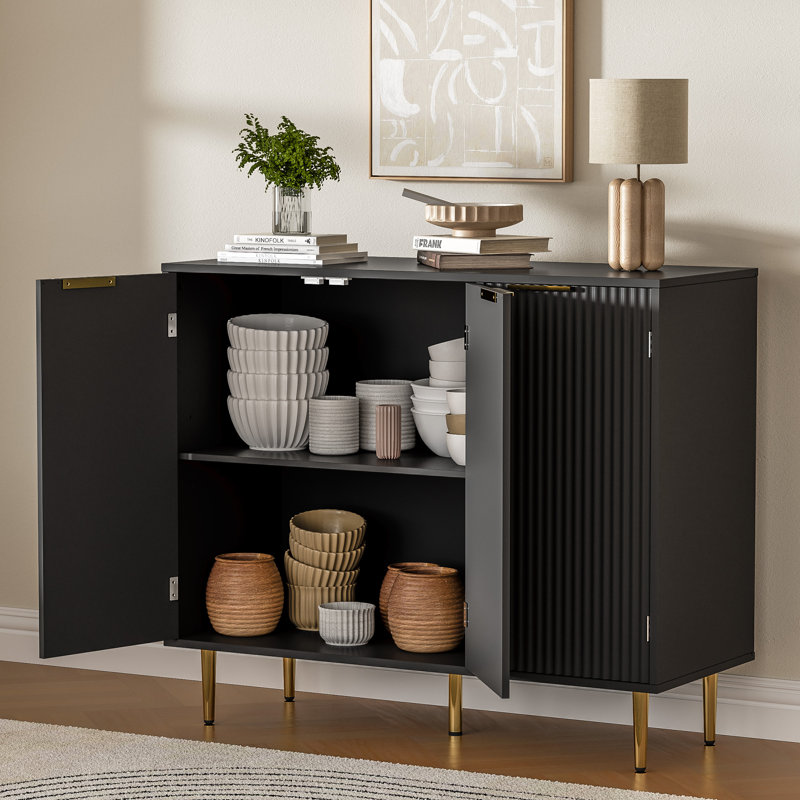 Fluted Buffet Sideboard With 3 Doors, Modern Accent Cabinet With Adjustable Shelves, Kitchen Storage With Golden Handles, Coffee Bar For Kitchen, Dining Room