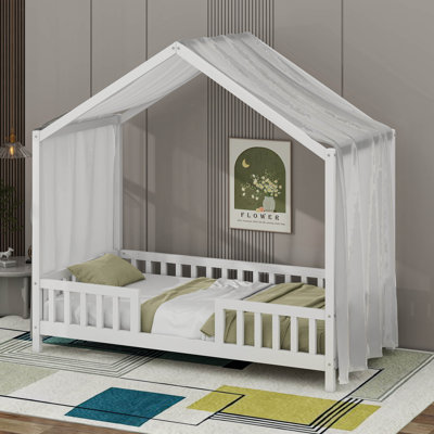 Lit sur pied avec auvent, lit maison avec rampes hautes, structure de lit plateforme en bois avec toit