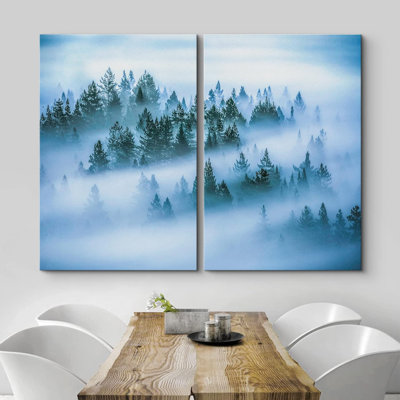 "Blue Mist & Fog Forest Tree Mountain Nature Landscape Decor Decor" sur toile, 2 pièces