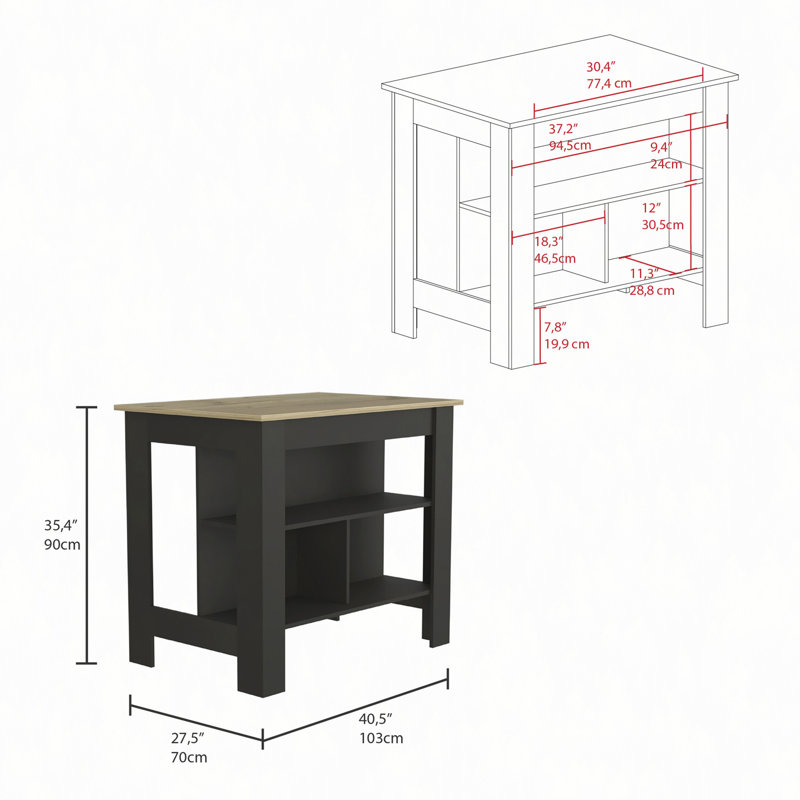 Kitchen Island, Four Legs, Three Shelves, Black/Natural