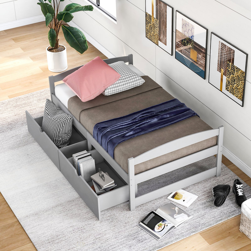 Lit plateforme simple avec deux tiroirs, gris