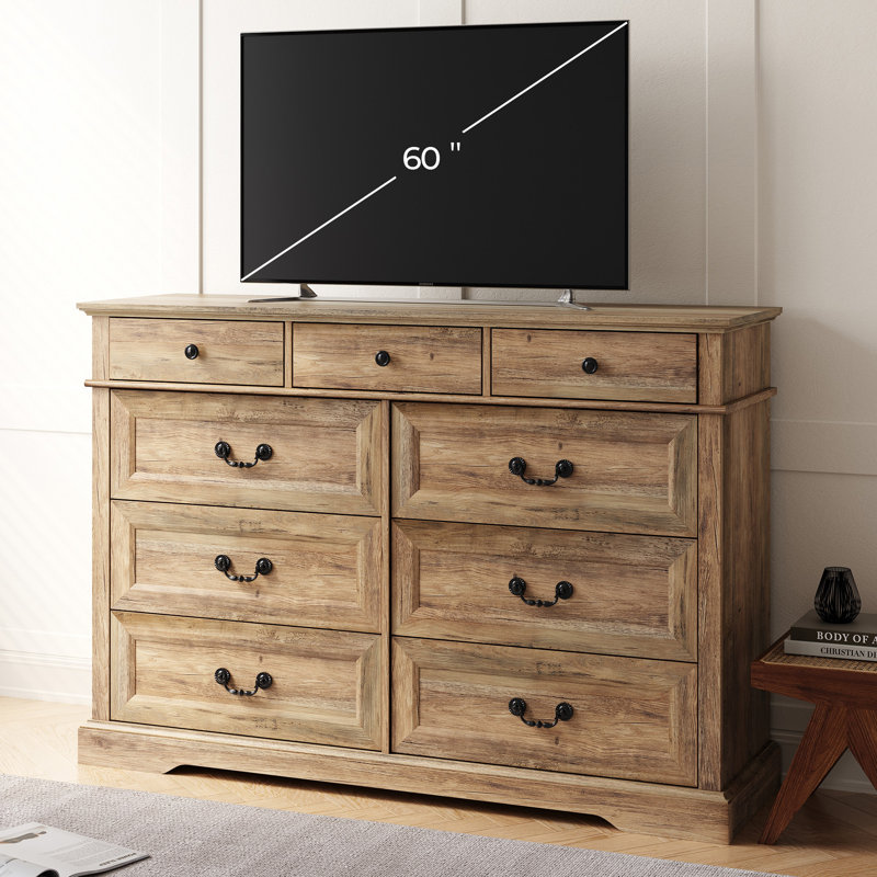L'ensemble de chambre à coucher 3 pièces Vann comprend une commode à 9 tiroirs et deux tables de chevet, Brun