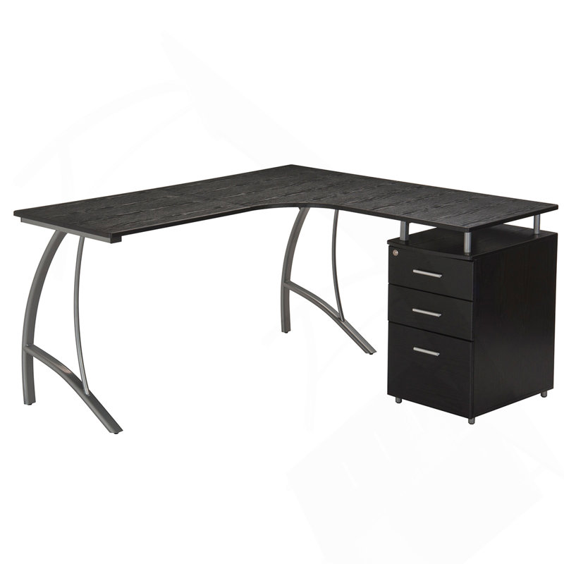 Bureau d'ordinateur moderne en L avec classeur et rangement, espresso