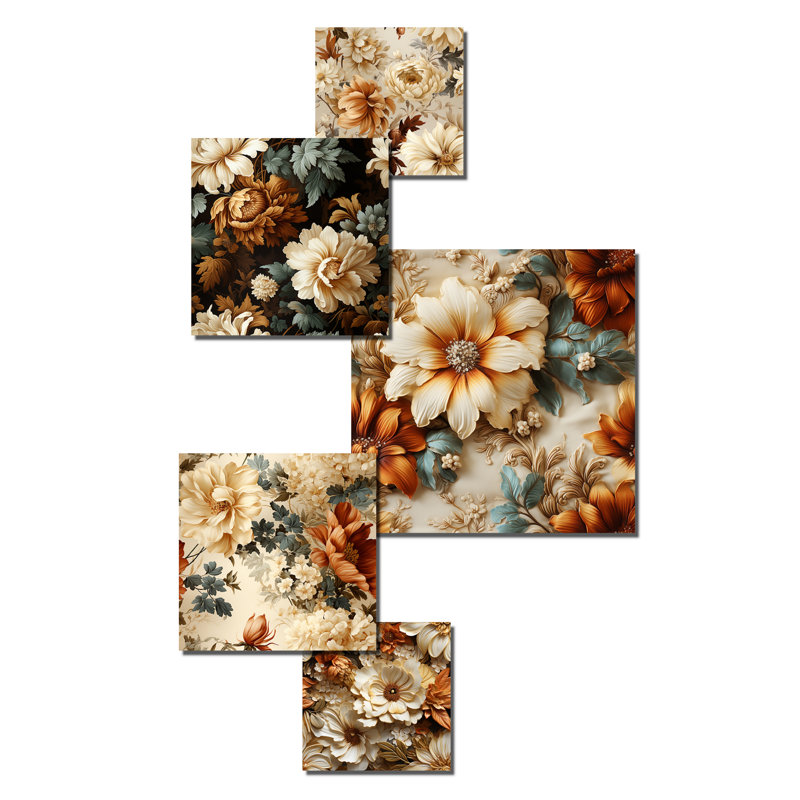 Rustic Brocade Elegance Brown Metal Floral Wall Decor Set of 5