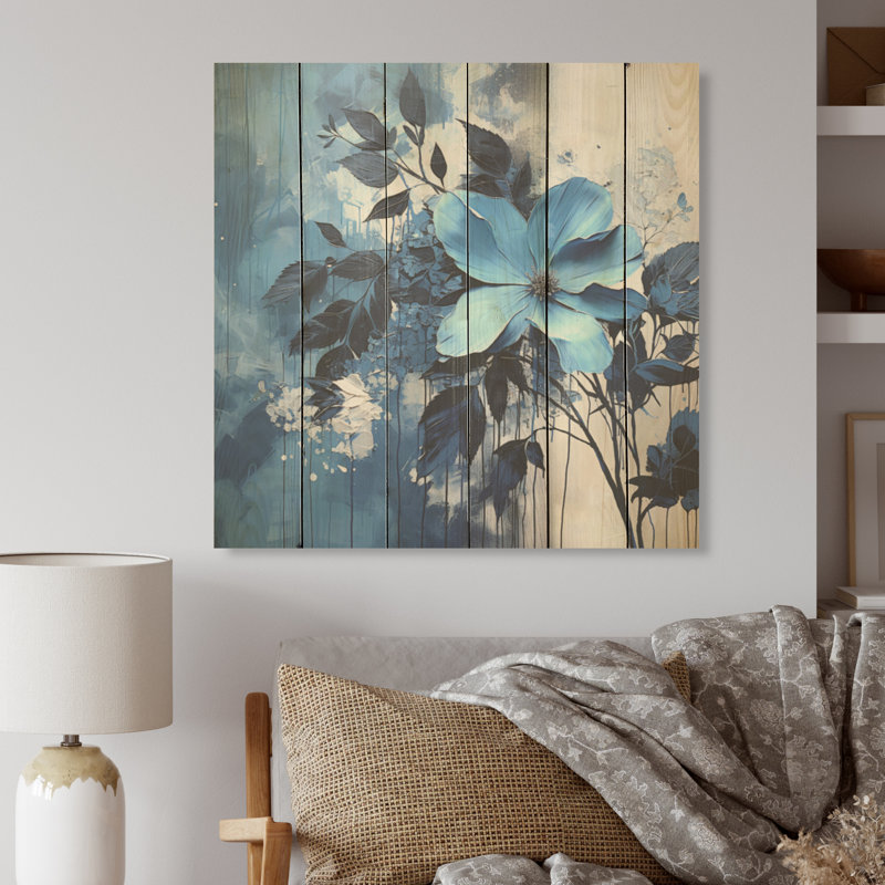 Art bleu minimaliste des fleurs - Art sur bois de pin naturel, H 36 po x l 36 po