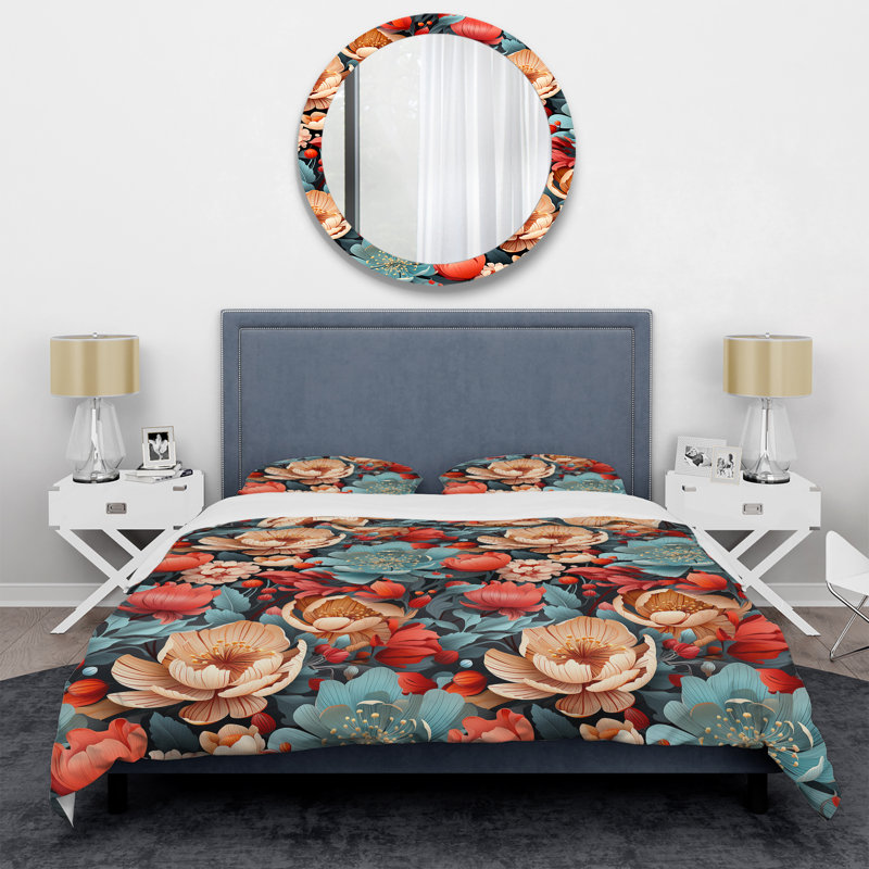 Ensemble de housse pour couette, Housse de couette grand et 2 taies décoratives, Nostalgia Vintage Floral Pattern I