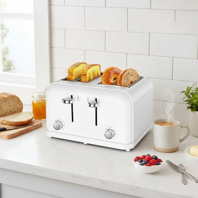 White Four-Slice Toaster With Dual Independent Controls, Extra-Wide Slot, 7 Baking Levels, 4 Main Functions, And A Removable Crumb Tray; Practical And Easy To Clean.