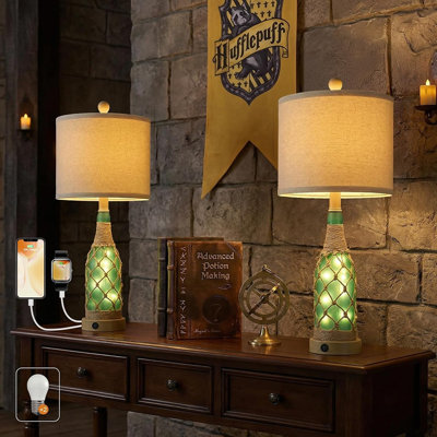 Ensemble de 2 lampes de table bohèmes avec veilleuse, ports de chargement USB A et C, base en rotin et bouteille en verre, lampes de chevet de style ferme