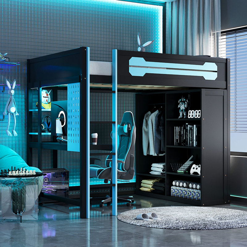 Lit mezzanine double en bleu, bureau, garde-robe ouverte, luminaire intégré, coffre-fort, pour dormir, bureau et jouer, Blue