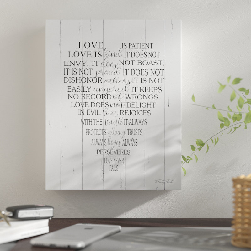 «Love is patient», art textuel, Toile tendue, H 18 po x l 14 po x P 2 po
