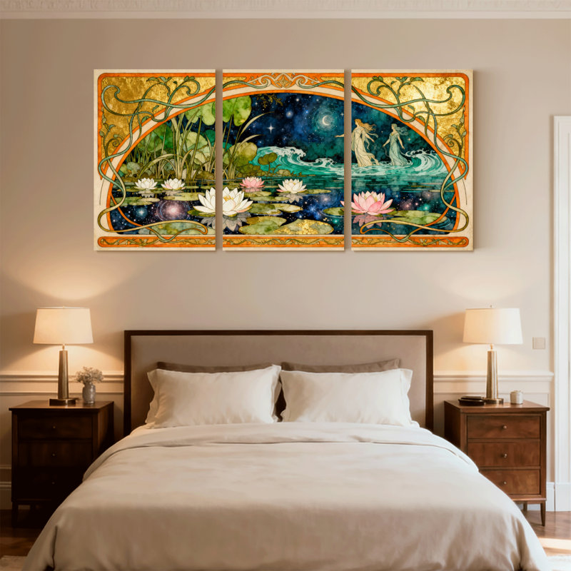 Fantaisie et science-fiction, fantaisie, nénuphar, nuit, clair de lune, fées, ensemble de 3 impressions sur toile