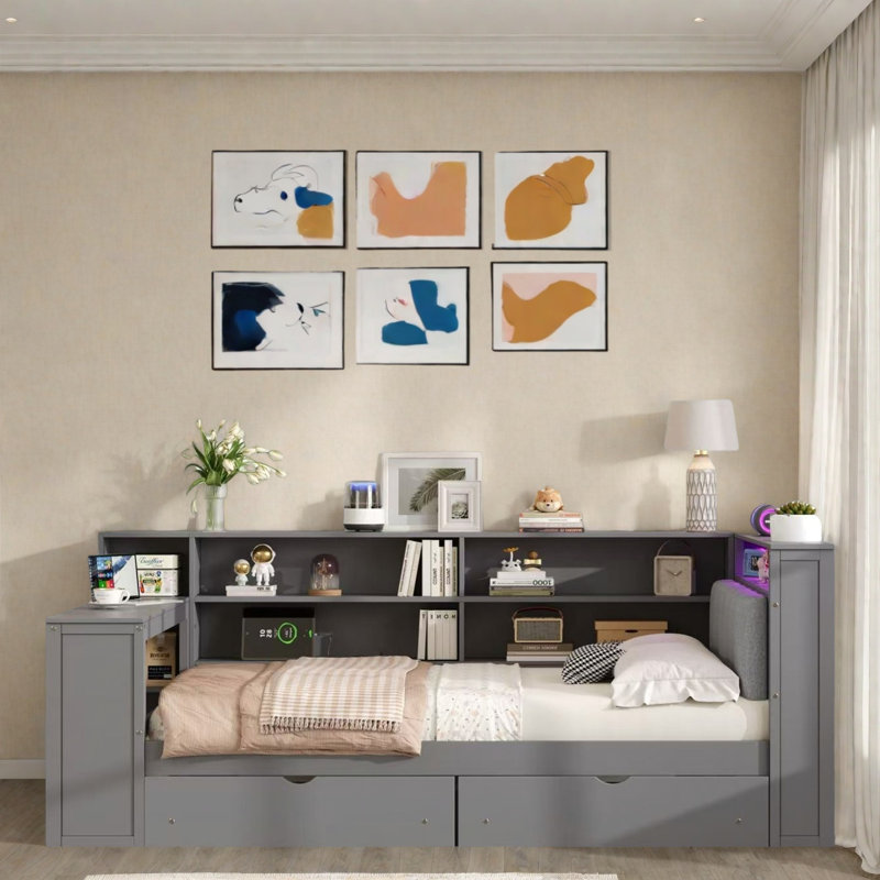 Wood Daybed With Storage Shelves, 2 Drawers, Charging Station, Led, Desk And Upholstered Headboard, Gray, Full/Double